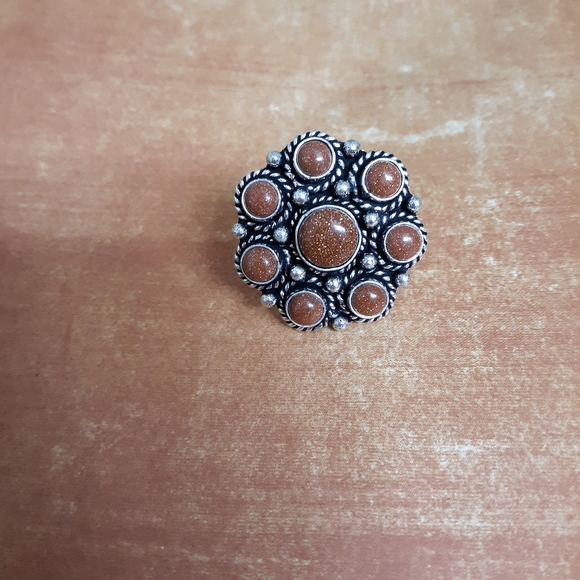 New Sunstone Sandstone Adjustable Silver Cocktail Ring. - Picture 3 of 8
